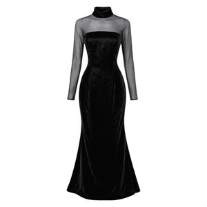 90s Vintage Black Velvet Mesh Illusion Maxi Dress Goth Glam Formal S/M